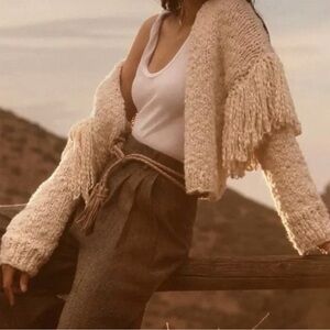 Anthropologie Cream Chunky Fringe Open-Front Cardigan